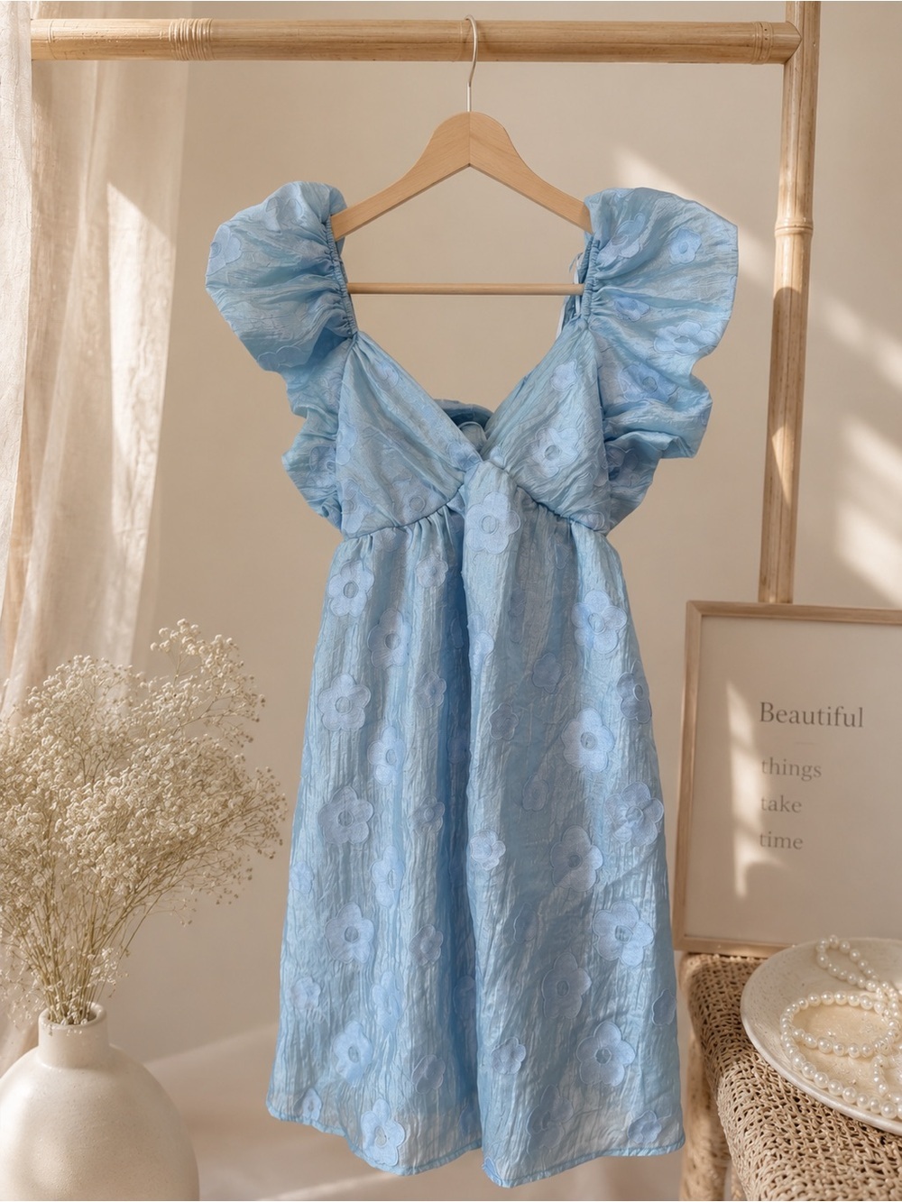 Thirty/Thirty Powder Blue Floral Mini Dress with Puff Sleeves